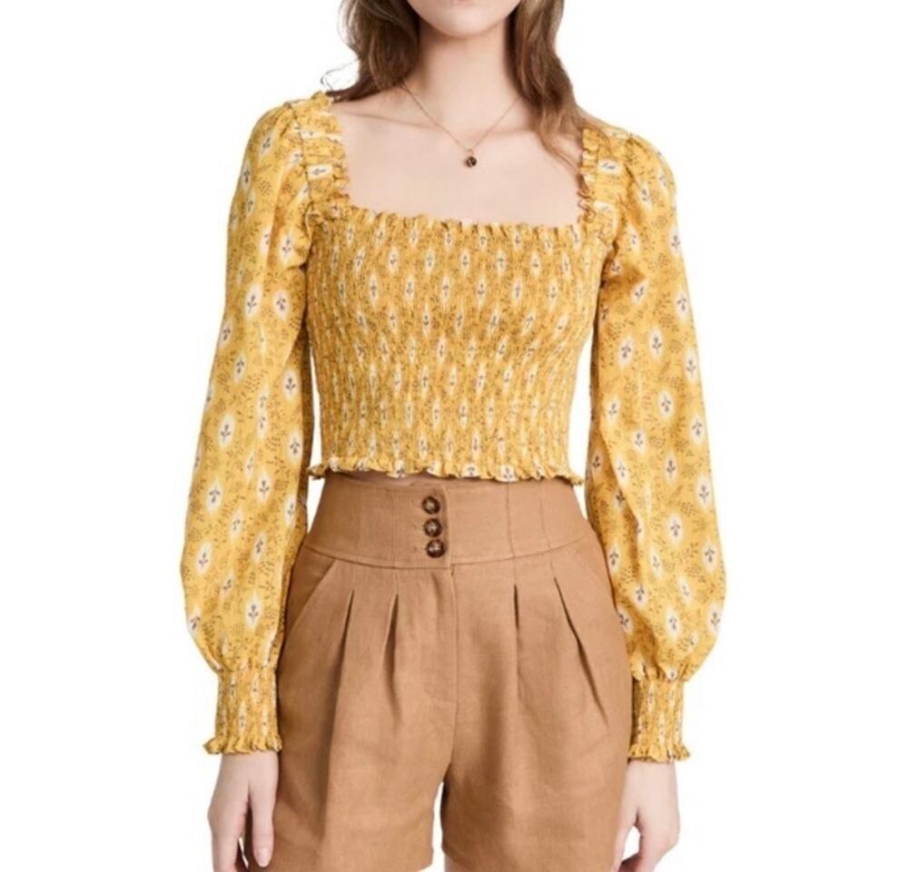 Veronica Beard Emerie Yellow Gold Printed Smocked Balloon Sleeve Blouse Small 4